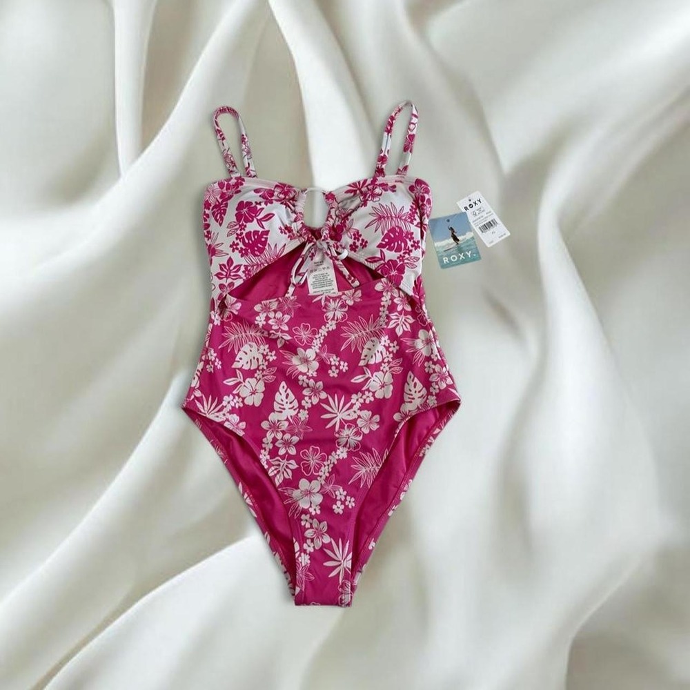 NWT Roxy pink white floral one piece bathing suit peekaboo cut y2k mcbling